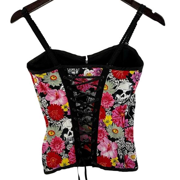 Hell Bunny Floral Skull Corset Top Pink Red Black Lace Up Gothic Punk Sexy Small - Picture 2 of 5